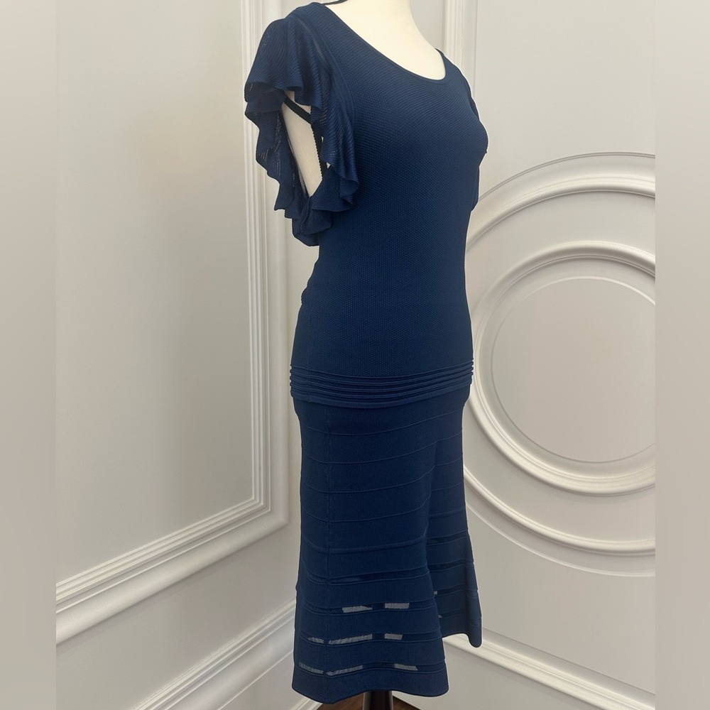 Sandro Midnight Blue Co-Ord Set- Ruffle Shirt Knee Length Fit Flare Skirt- Large - Picture 3 of 9